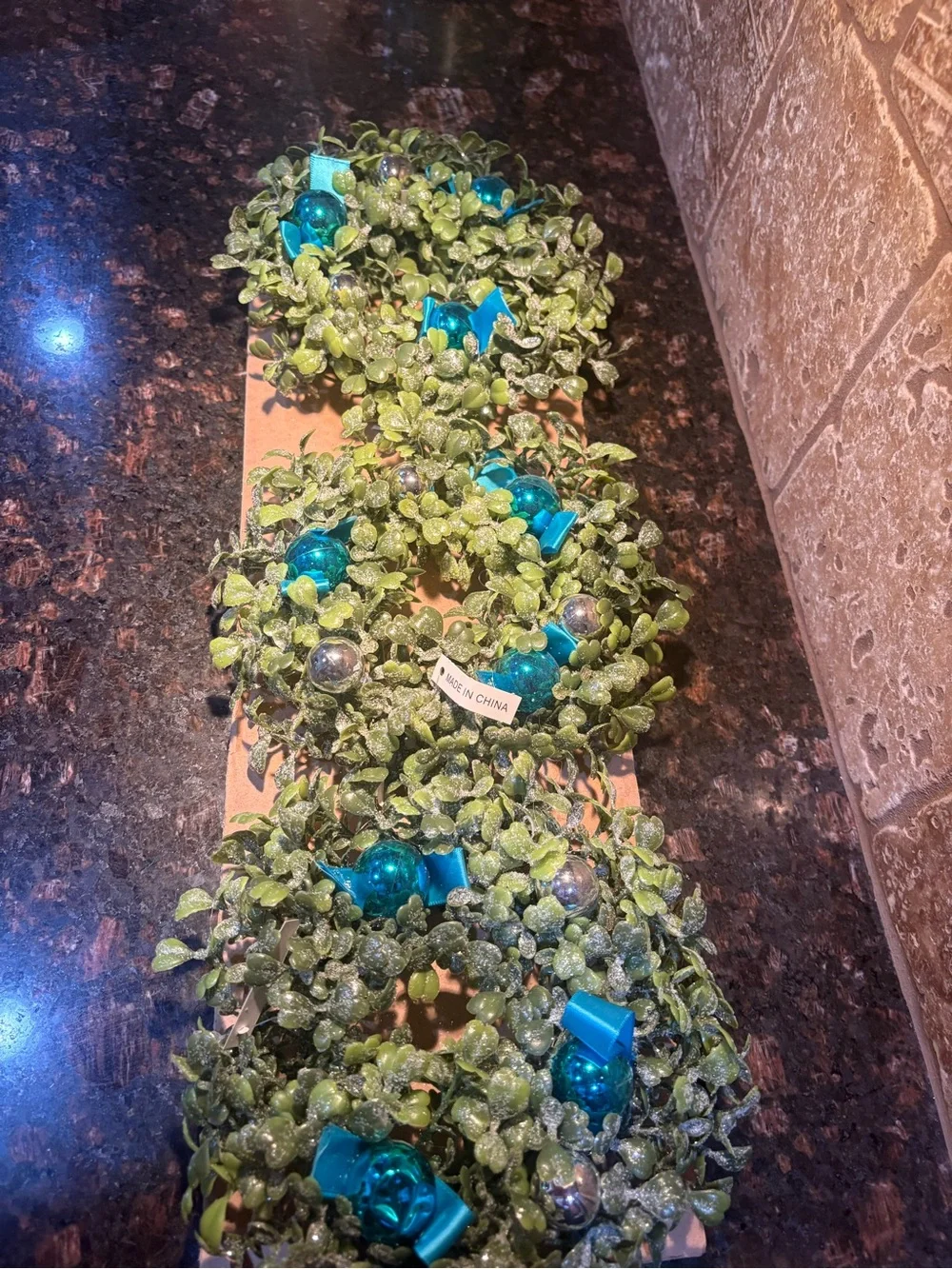 BRAND NEW Set of 3 Mini Faux Boxwood Holiday Wreaths - Teal & Silver
